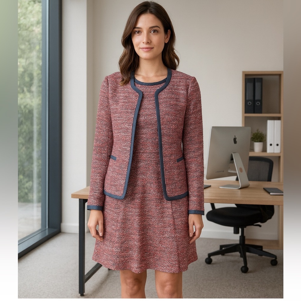 Comptoir Des Cotonniers Red & Blue Midi Dress Blazer Set Sz Small / Medium 2 Pc